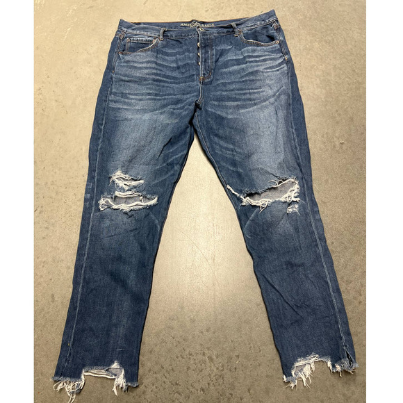 American Eagle Hi Rise Girlfriend Jeans Womens 20L Blue Distressed Frayed Hem - Picture 1 of 10